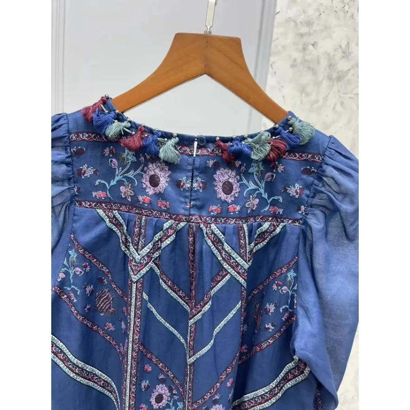 LUXURY-Retro Tassel Pullovers, Round Neck, Contrasting Flower Top, Ethnic Style, Autumn, Winter, New, 2024