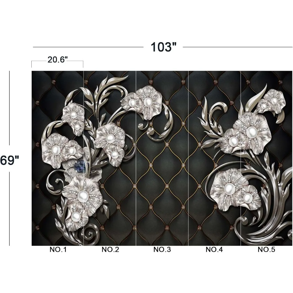 جدارية حائط أنيقة على شكل زهرة منقوشة باللؤلؤ الأسود - ورق جدران مزخرف لغرفة النوم 103 × 69