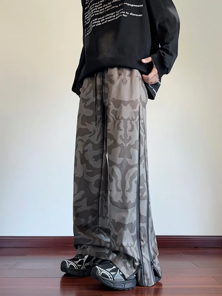 

Camouflage Pants Men's Spring Autumn Double Zipper Split Sle Straight Leg Long Trousers Faionable Casual Loose Fit