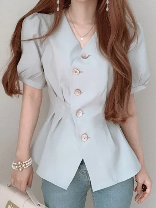 Csa de Manga Abullonada con Botón Único, Diseño Irregular y Cuello en V, Ajustada, para Mujer, Estilo Único y Moderno para...