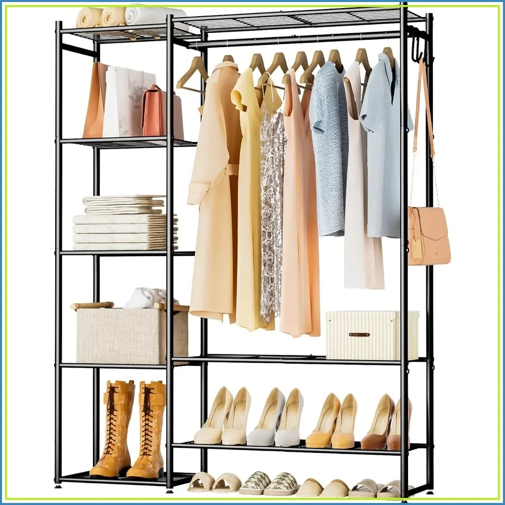 All-in-One Closet Wardrobe, Metal Clothes Rack with 4 Shelves, Free Standing, Portable for Bedroom