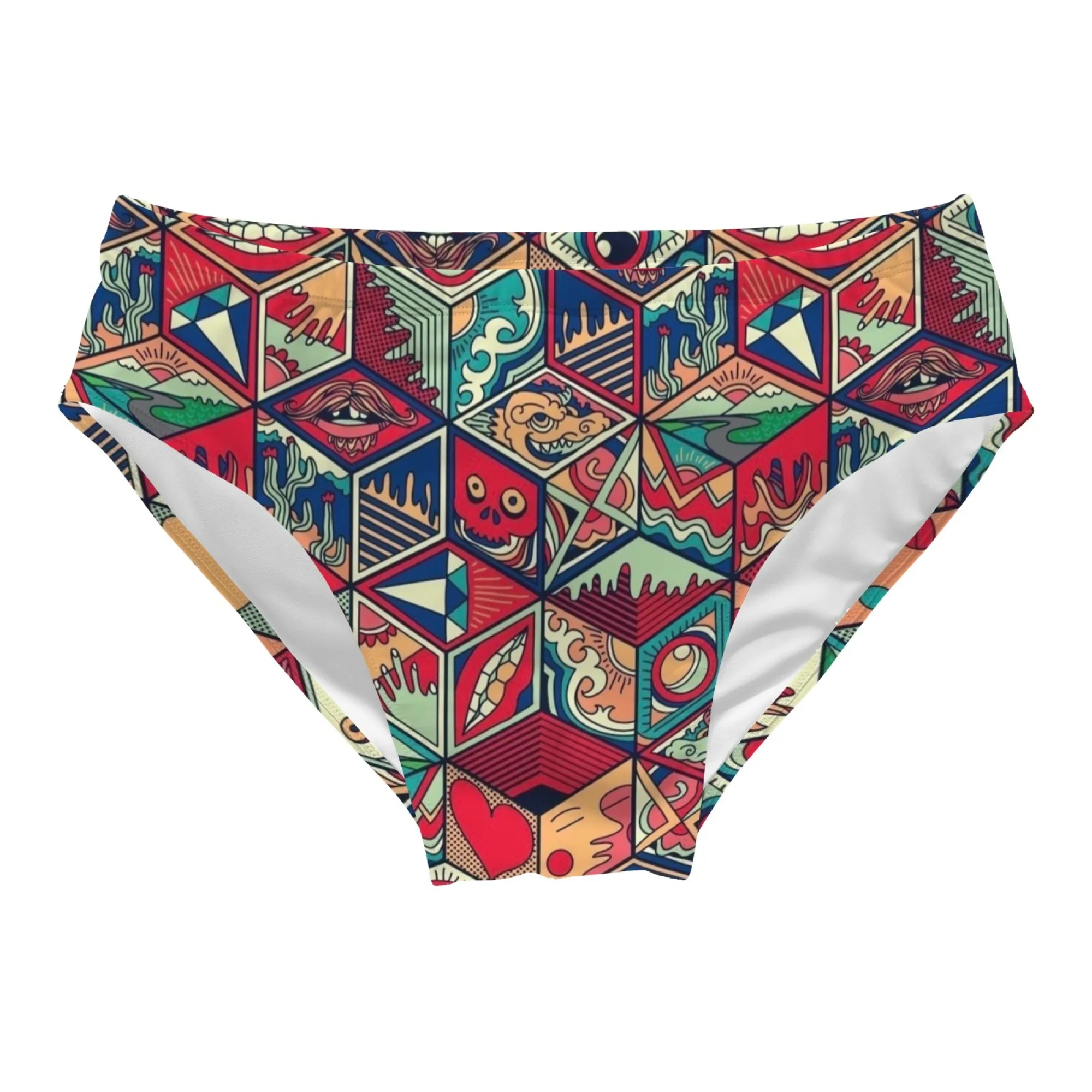 Cartoon Geometric Shape Printed Men's Swim Trunks Beach Shorts Sexy Bikini Briefs Lightweight Breathable Swimwear Pool Fun Gift