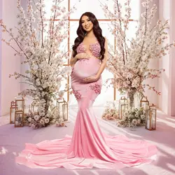 Pink Mermaid Satin Evening Dresses Floral Appliques Sleeveless Pregnant Women Gowns Sexy Customized Maternity Photoshoot Robes