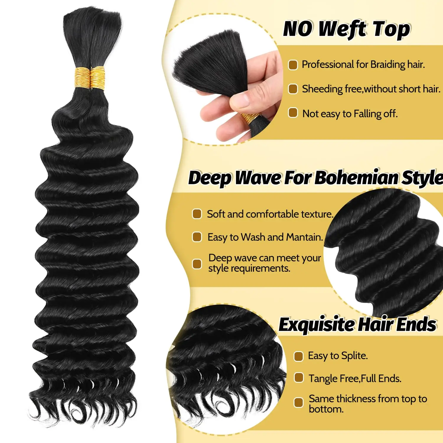 Trenzas bohemias para trenzas sin nudos, cabello humano a granel, 14 pulgadas, 100%