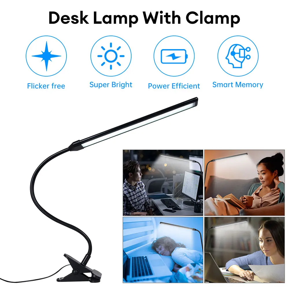 

USB LED Desk Light with Clamp Dimmable Clip On Table Lamp Flexible Reading Lamp 3 Lighting Modes Book Light Student Study Lamp