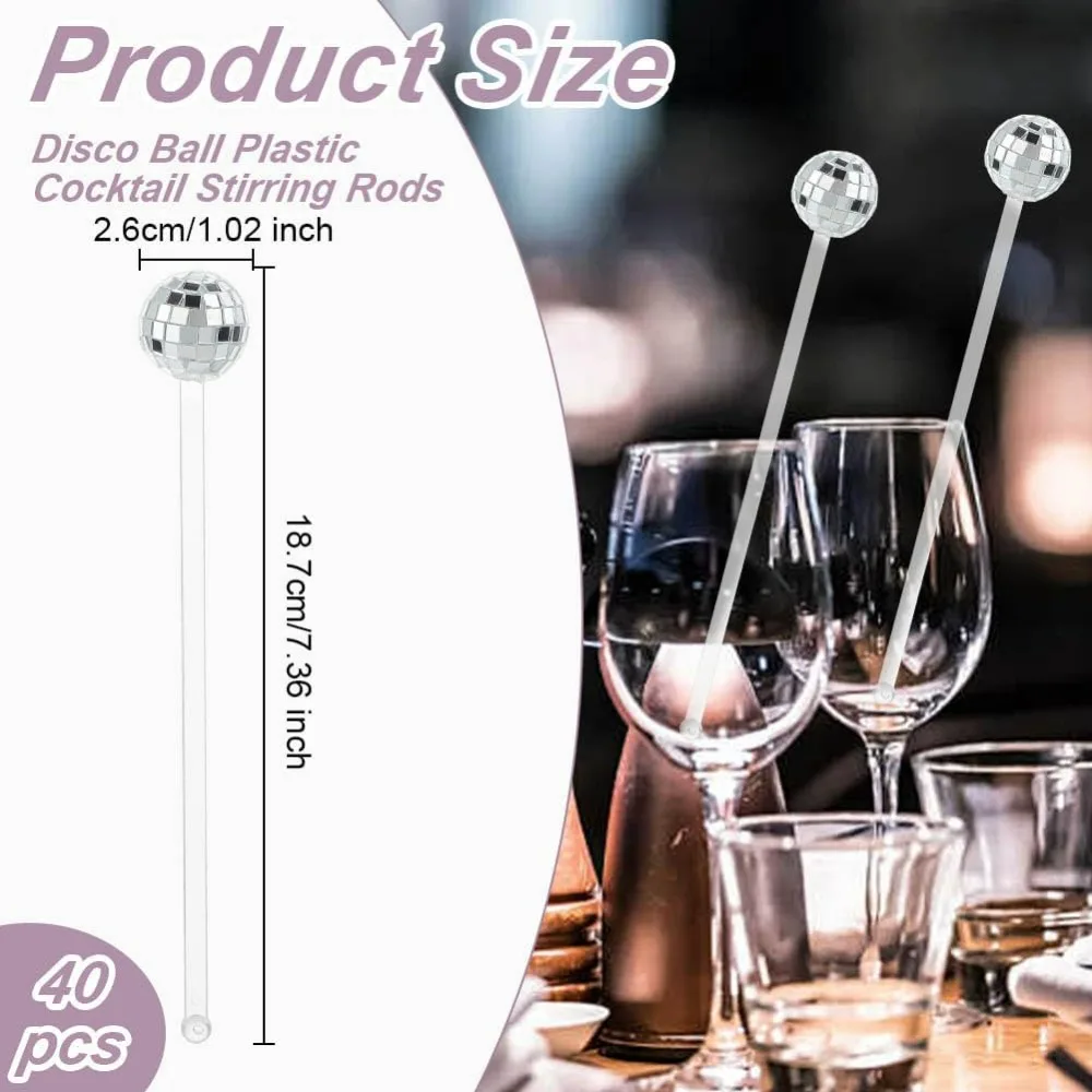 40pcs 7.4x1 Inch Disco Balls Cocktail Stirrers Silver Cocktail Disco Decorative Sticks Round Top Mirror Swizzle Sticks