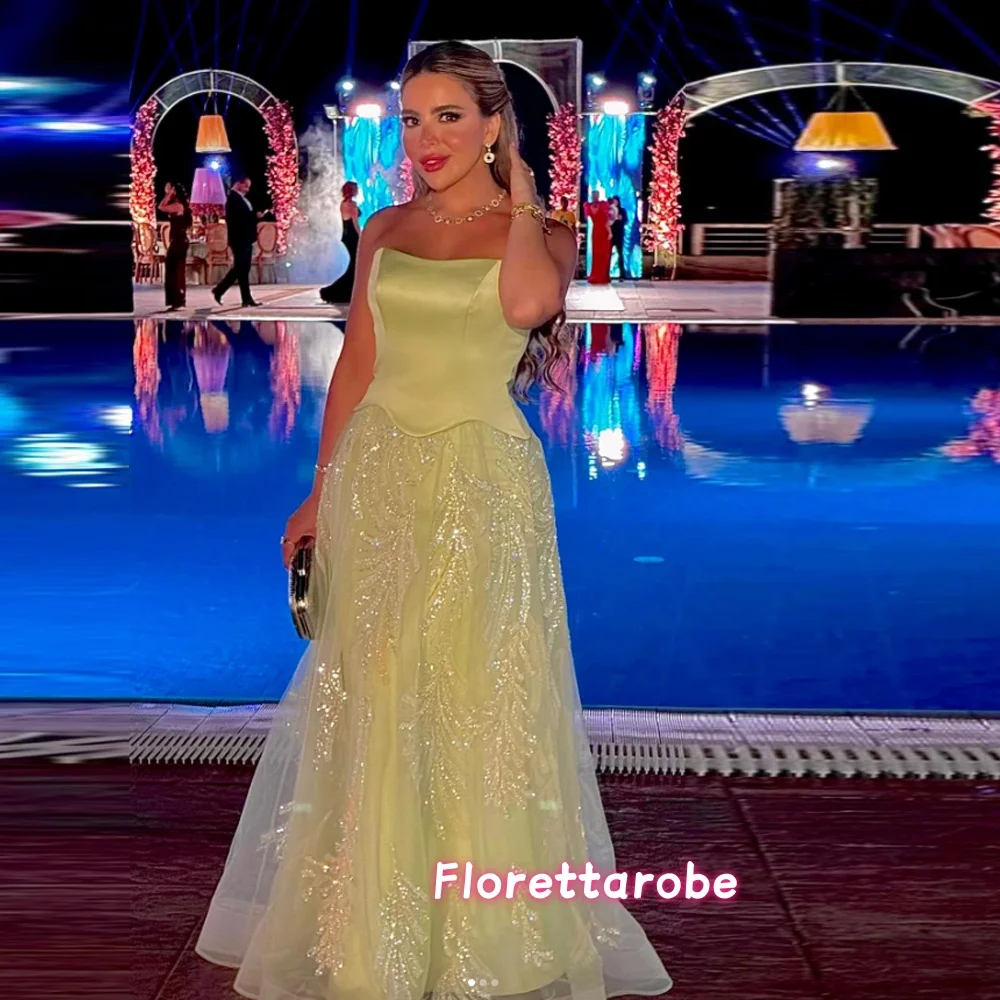 

Yellow Prom Dress Strapless Sleeveless Celebrity Dress A Line Tulle Train Women's Evening Dresses Formal Gown Customized