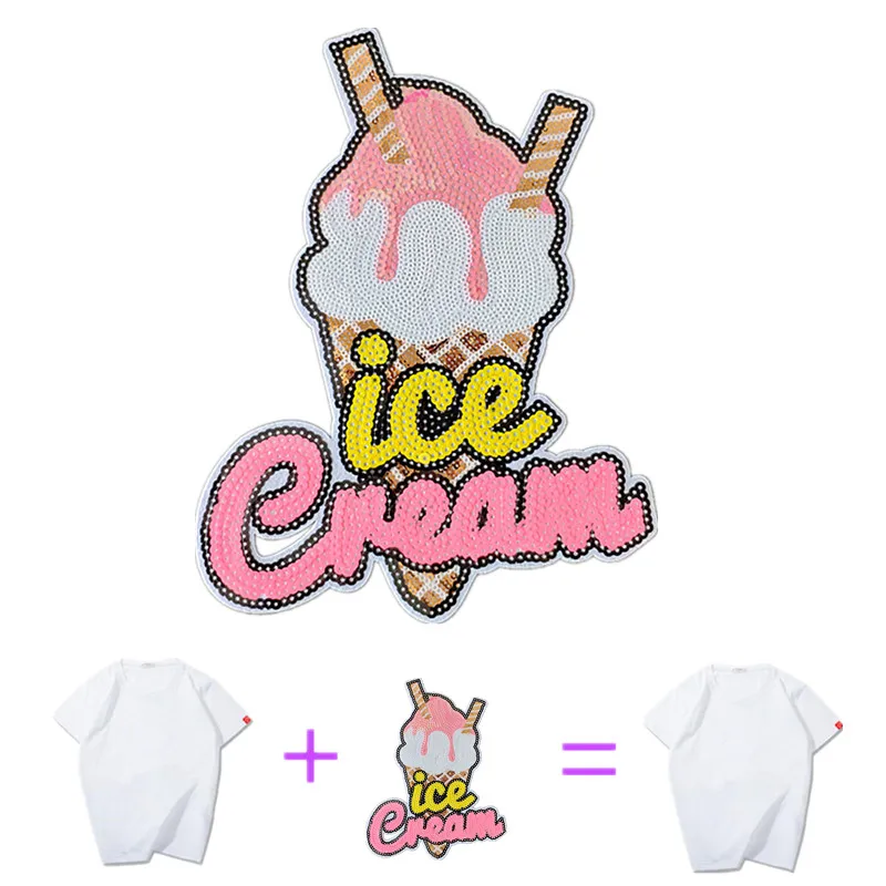 23CM Ice Cream Iron On Patches For Clothing Sequins Biker Badge Embroidery Fabric Sequined Patch Clothes Stickers Strange things