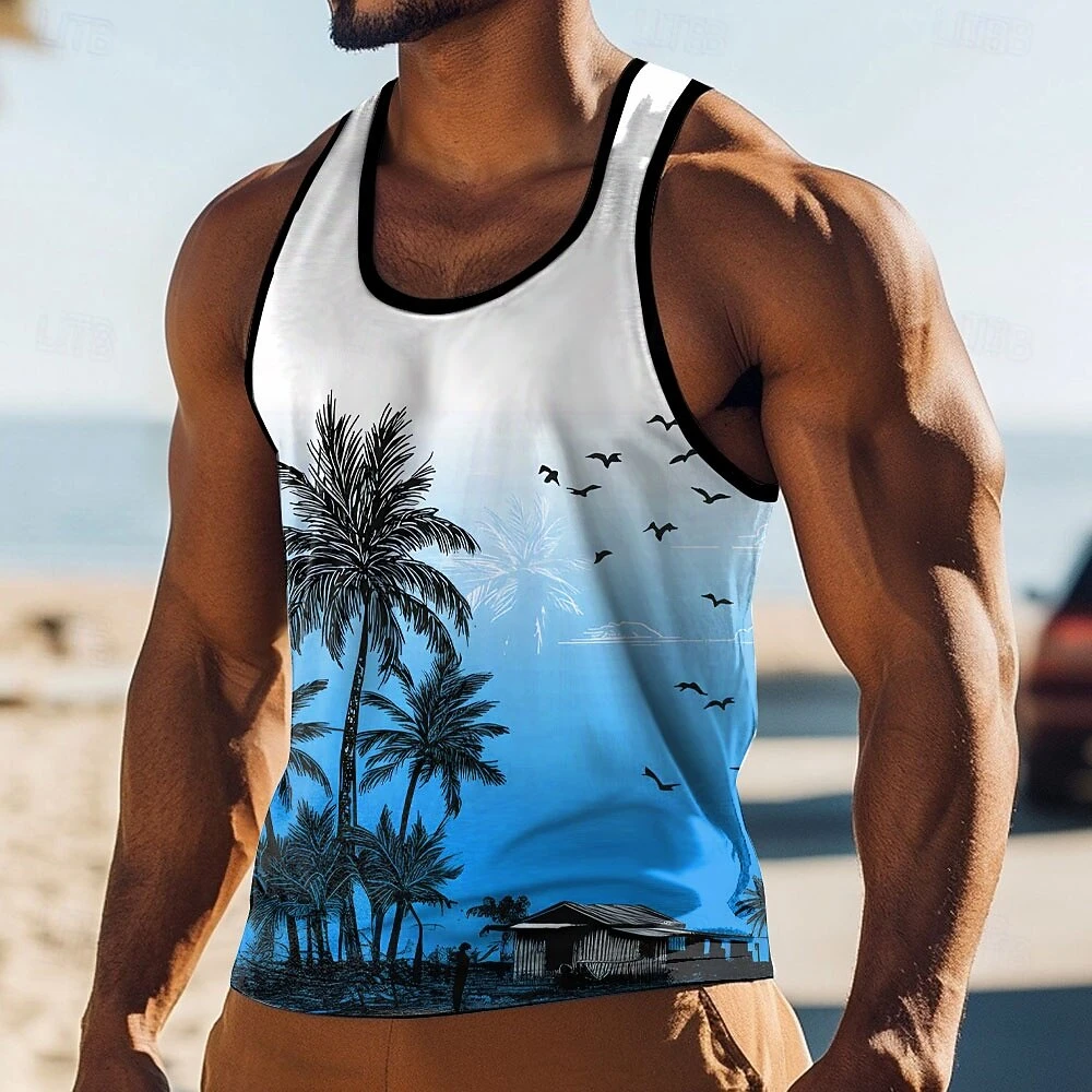 Hawaiian Beach Vacation Herren-Tanktop mit lustigem Kokosnussbaum-Print, lässiges ärmelloses Herren-Shirt mit O-Ausschnitt, bequeme Sommerweste