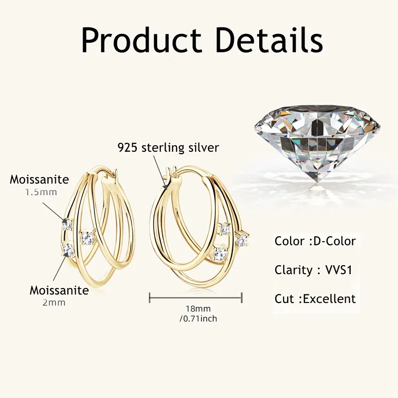 Lnngy Exquisite Multilayer Circle Earrings For Women 925 Sterling Silver Bling Moissanite Huggies Hoop Earring Fashion Jewelry