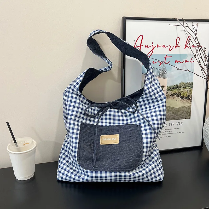 Double Sided Nylon Women's Shoulder Bags Large Capacity Plaid Ladies Tote Underarm Bag Threaded Simple Bow Casual Female Handbag