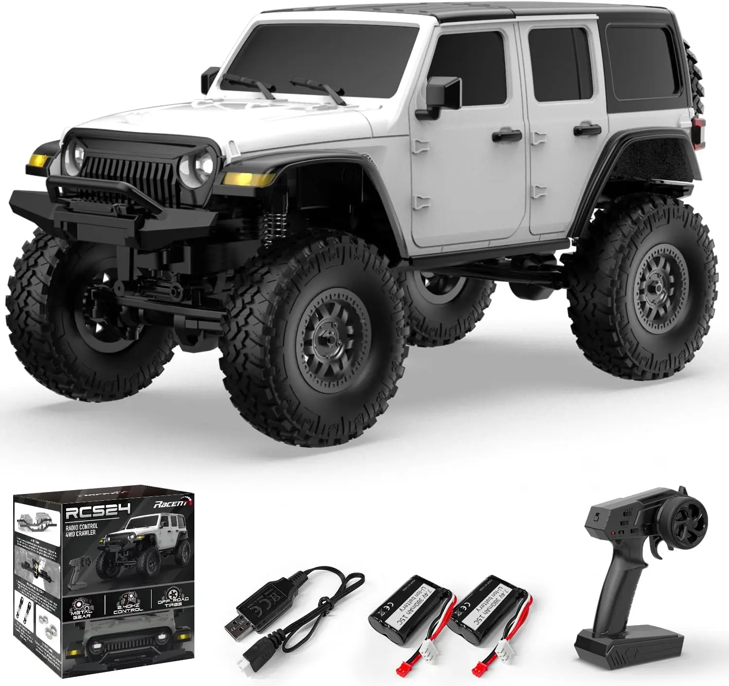 1/24 Scale RC Monster Truck 4x4 Off Road Crawler Climbing All Terrain Remote Control Car with Bright Headlights, 2 Batteries, Waterproof Hobby Toy (RTR White)