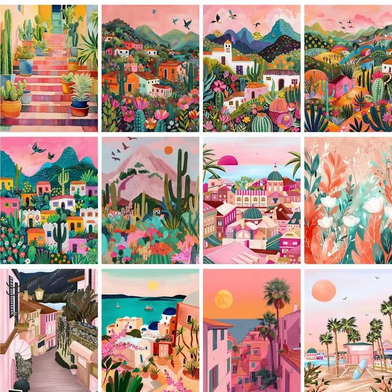 DIY-Ölgemälde nach Zahlen Set Rosa Landschaft Acrylfarbe nach Zahlen DIY Zahlenmalerei Kunst auf Leinwand nach Zahlen