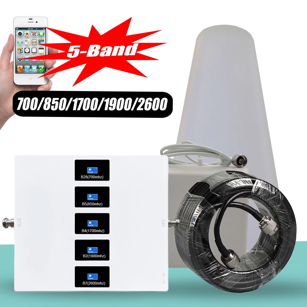 5-Band 2G 3G 4G 5G CDMA  AWS PCS LTE Signal Repeater B28(700)+B5(850)+B4(1700)+B2(1900)+B7(2600) Mobile Phone Booster Amplifier