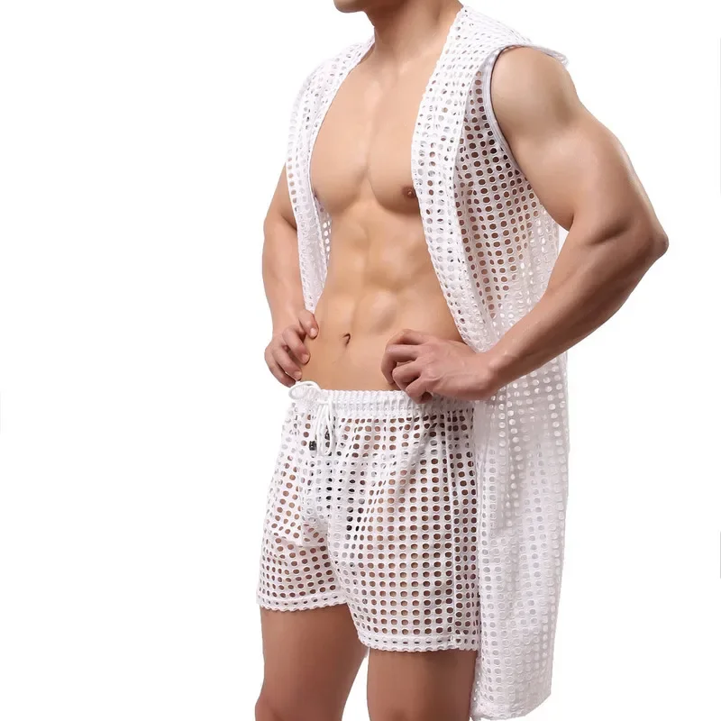 YUFEIDA Men Robes Sexy Fishnet Mesh Bathrobe Sleepwear Male See Through Sleeveless Hooded Bath Robe Lounge Nightgown BathRobes