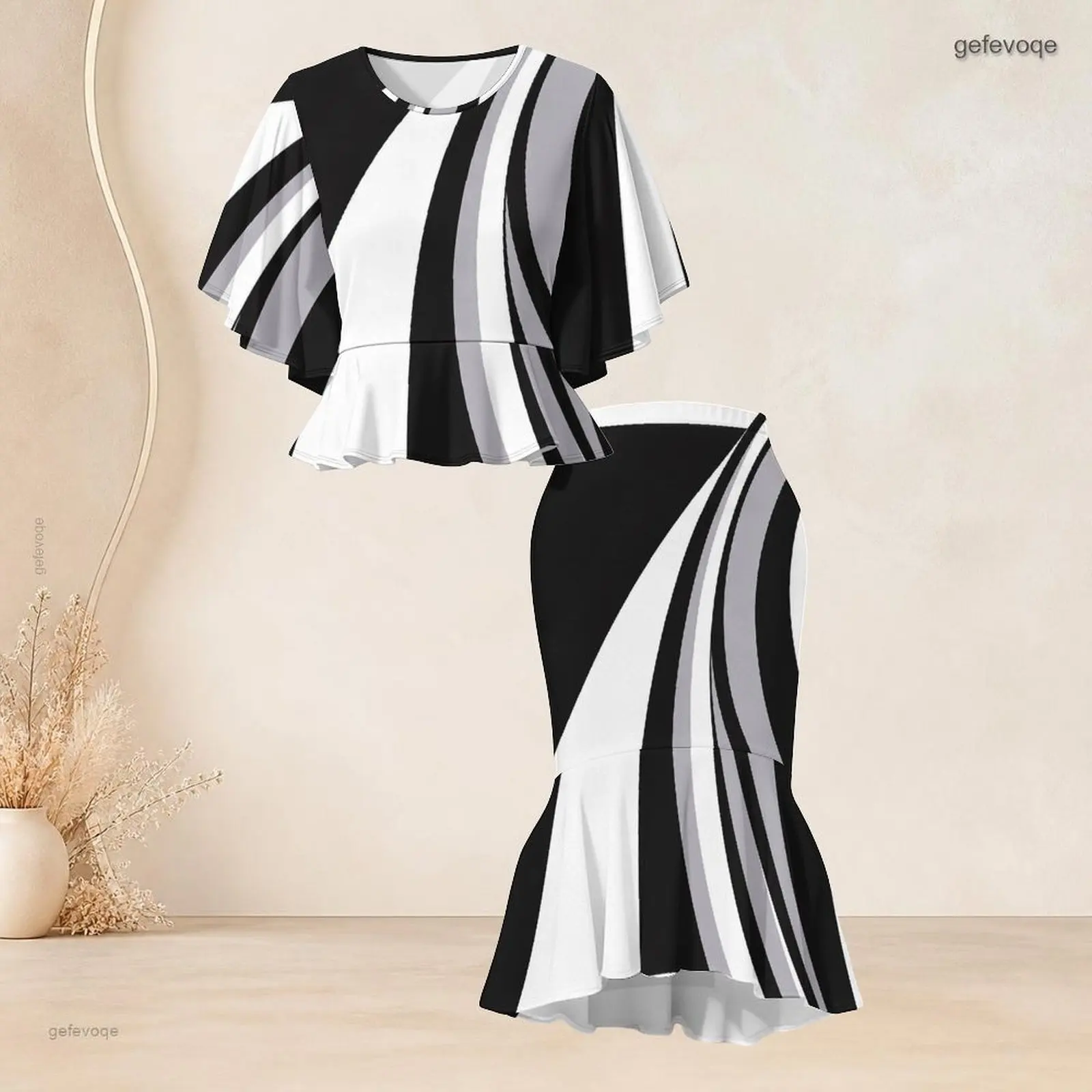 Women Skirt Set with Print Batwing Sleeve Ruffle Hem Top Fishtail Skirt Two Piece