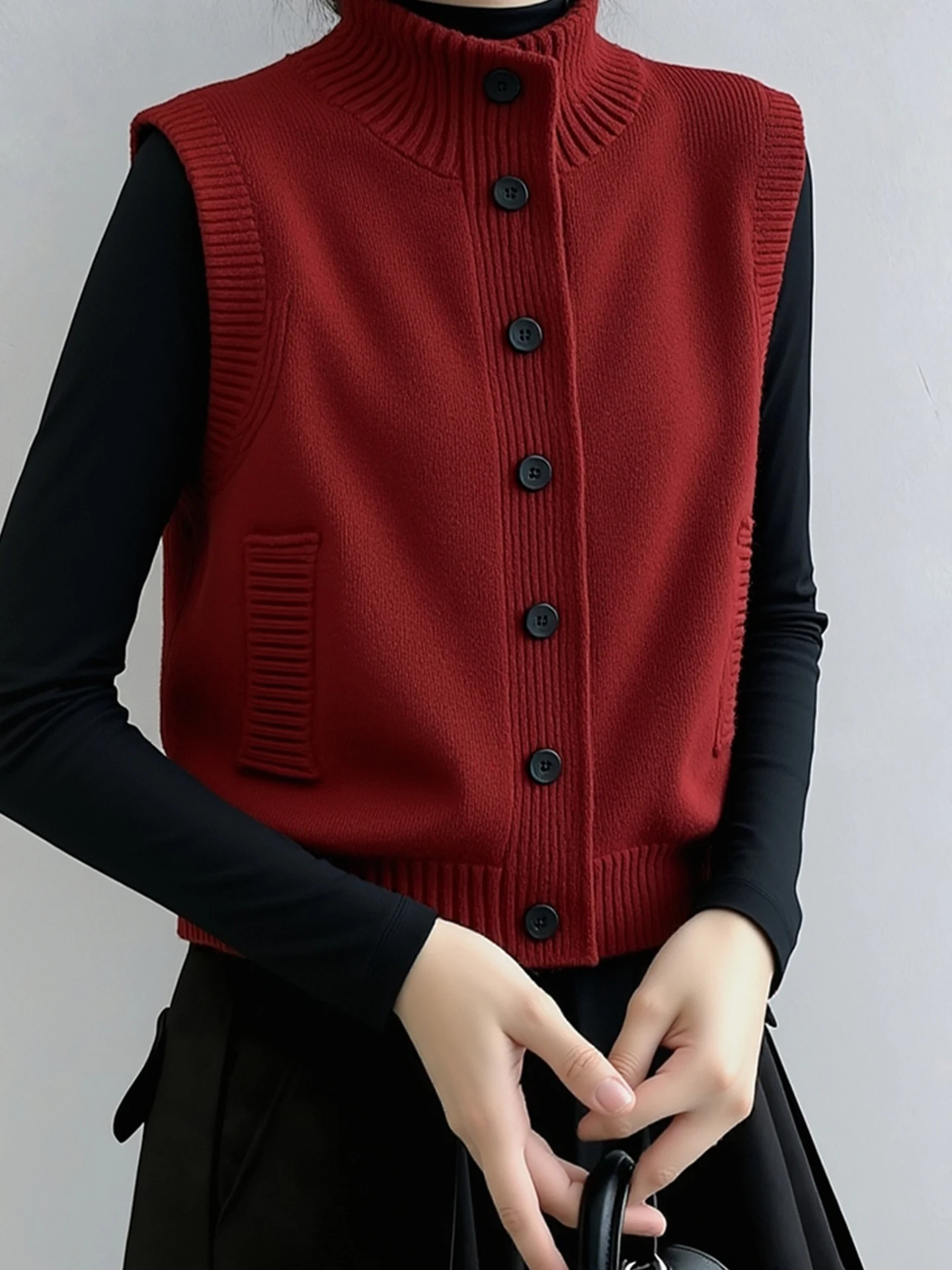 

Retro Sli Red Knitted Vest New Year Women's Outerwear Layering Faionable White Enhancing Jaet High Collar Loose Fit