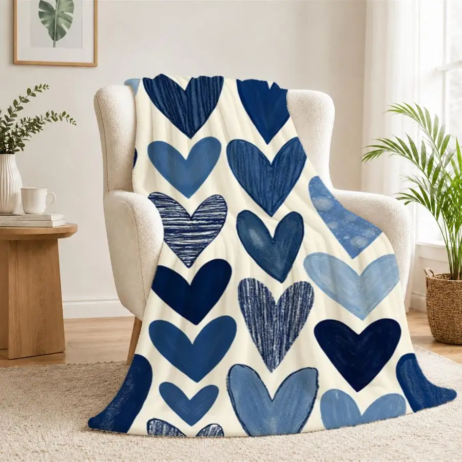 Whimsical Blue Heart Flannel Throw Blanket-Soft, Warm Hand-Drawn Pattern on Off-White Ideal for Couch, Bed & Travel Perfect Gift for Family & Friends Machine Washable Home Decor 2D Flat Weighted Blanket 280GS