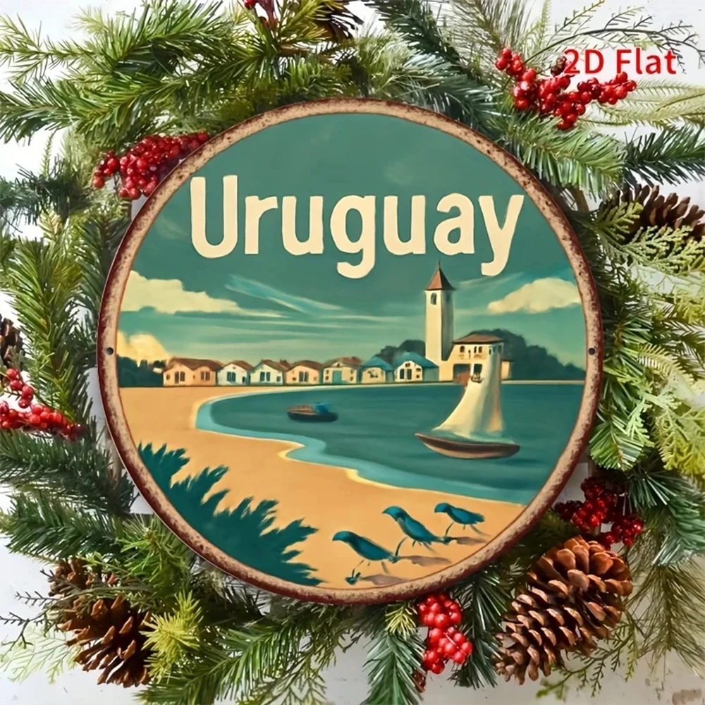 [2D Flat] Vintage Uruguayan Aluminum Wall Art Sign - 8X 8inch Round Decorative Plate with Illustration of a Picturesque Coastal Town - Perfe