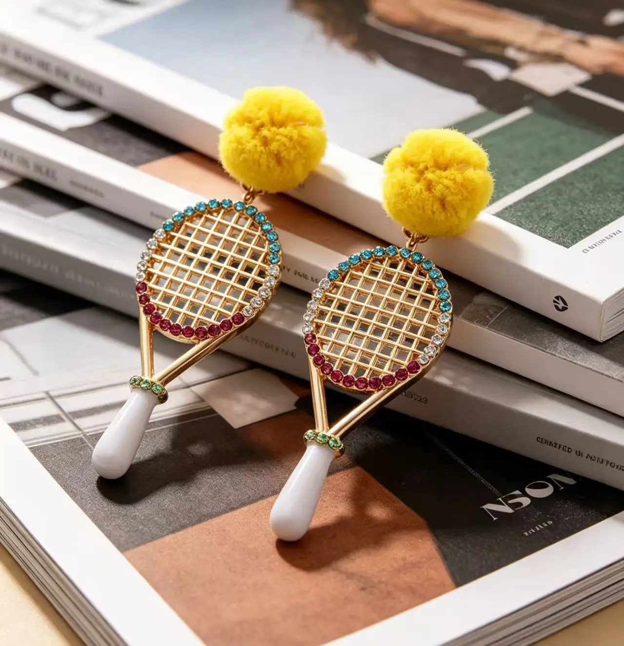 Fashion Creative Alloy Tennis Racket Wool Ball Earrings for Women