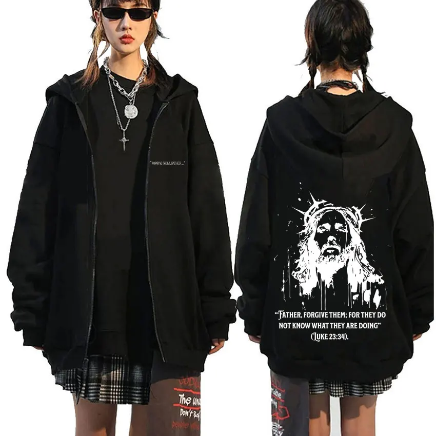 

Christian Jesus Forgive Them Father Zipper Hoodie Men Women Hip Hop Vintage Zip Up Jacket Men's Rock Oversized Zip Up Sweatshirt