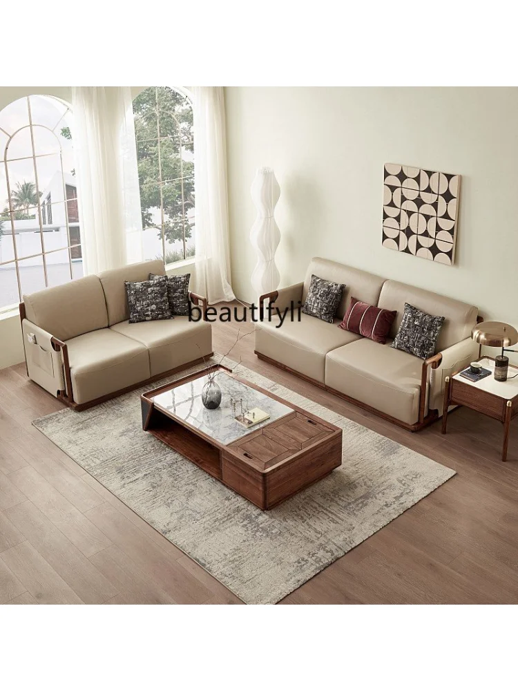 zqNorth American Black Walnut Leather Sofa Living Room Villa Furniture Solid Wood Sofa Combination New Chinese Style