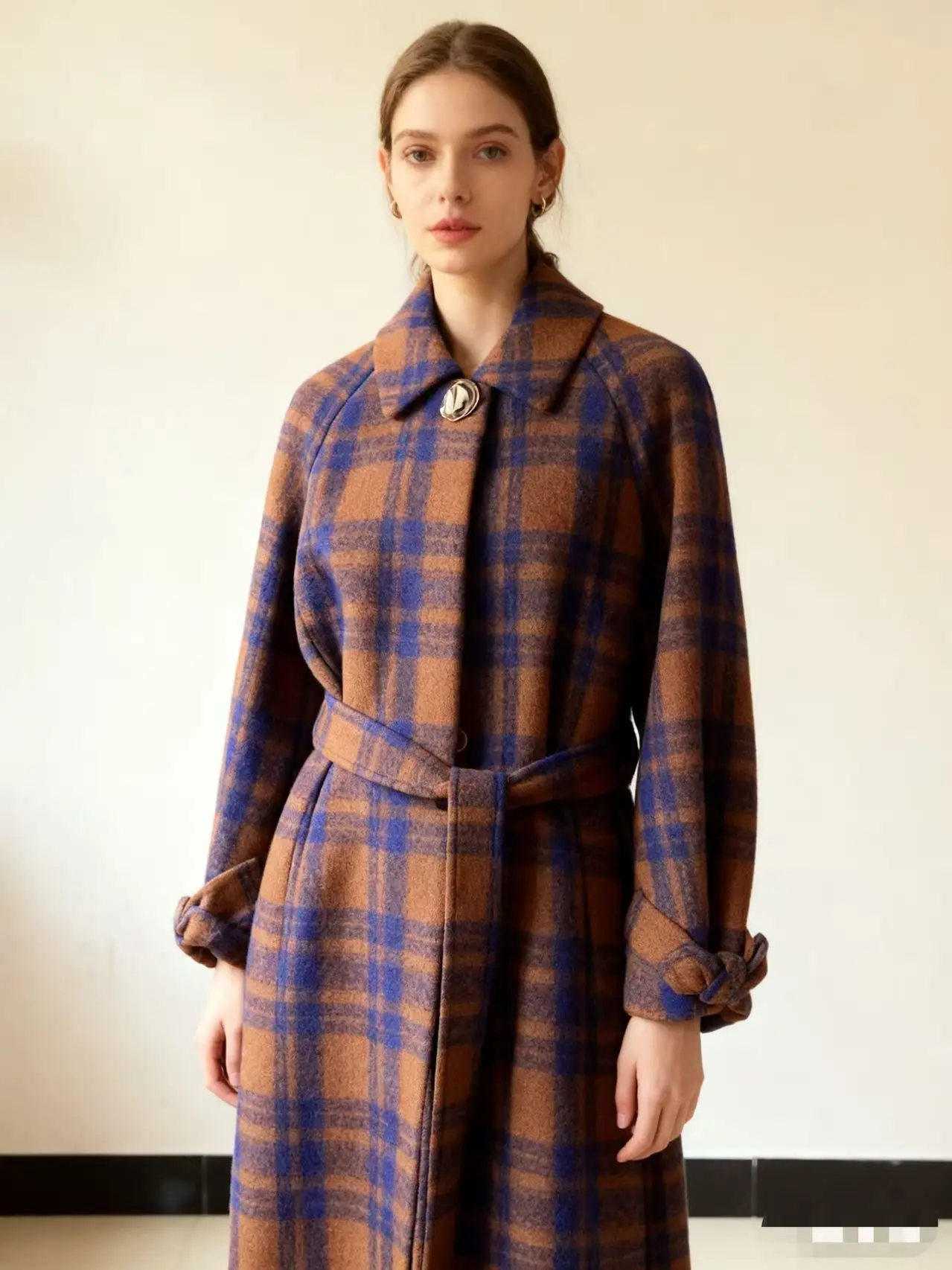 Damen Wollmantel mit Karomuster, Herbst- und Wintermantel aus Retro-Wollmischung, langärmeliger Wollmantel