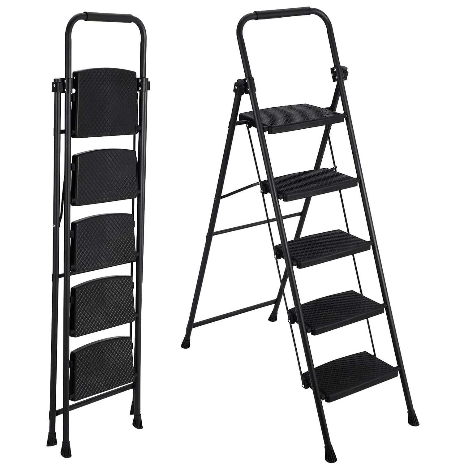 سلم فولاذي قابل للطي بخمسة خطوات، سلالم واسعة بدواسات واسعة مضادة للانزلاق بسعة 400 رطل مع تصميم قفل آمن لورشة مستودعات المنزل