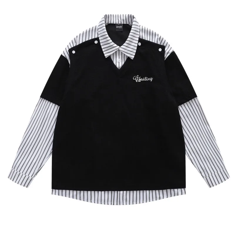 

autumn men's and women's loose casual versatile top fashion trend brand striped splicing fake two-piece lapel long sleeved shirt
