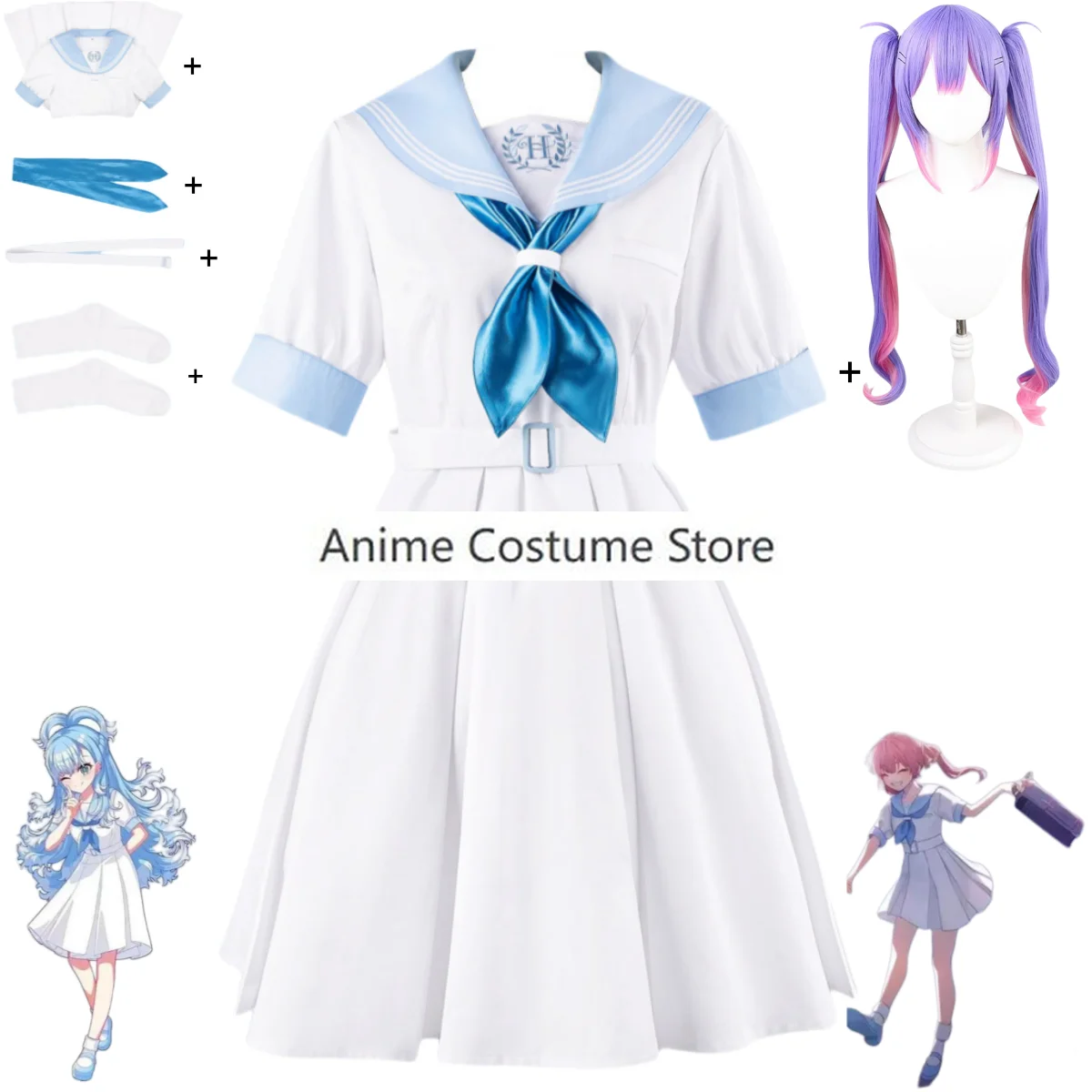 Anime Virtual YouTuber Yukihana Lamy Tokoyami Towa Cosplay Costume Hololive HoneyWorks Wig White Dress Sailor Uniform Lovely Set