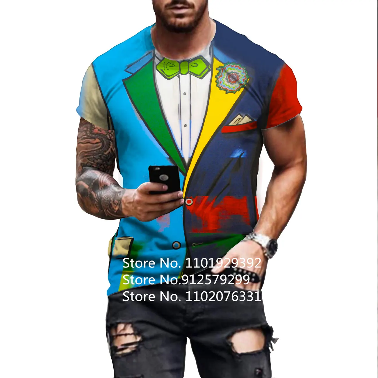 Fashion Business Style Fake Two Piece 3D T-Shirt Funny Printed Men\'s Tops Tees Tuxedo Bow Tie Funny Cosplay Fake Suit Tshirt