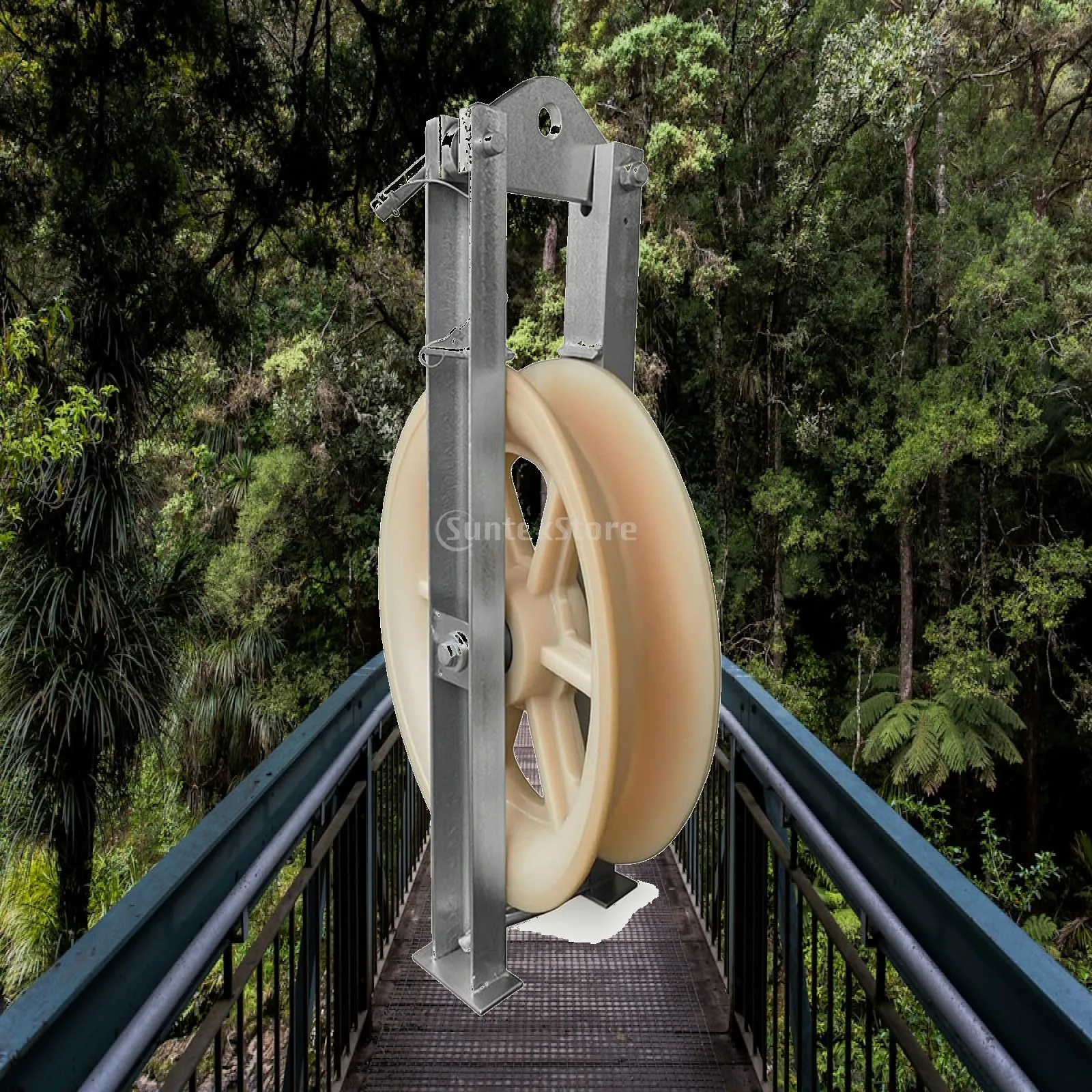 Manual Cable Pulley System for Construction Rigging with Durable Steel Mounting and Nylon Wheel