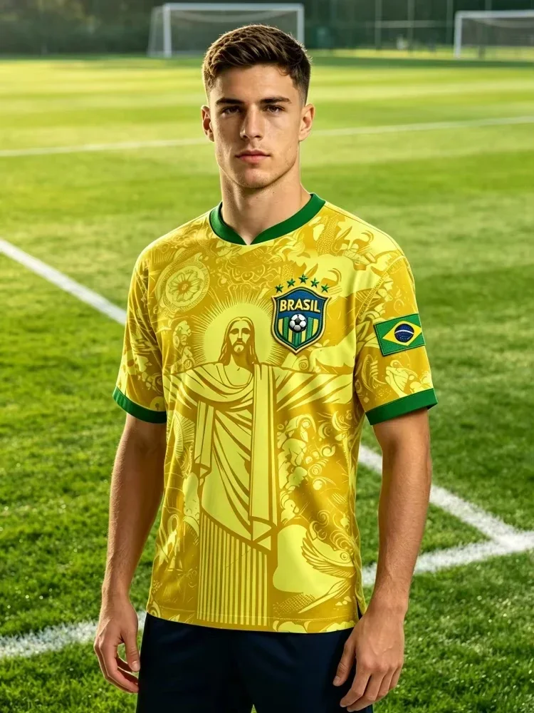 2026 Brazil Christ The Redeemer Graphic Football Jersey Vintage Short Sleeve T-Shirt Casual Fan Wear Soccer Top Family KidsTees