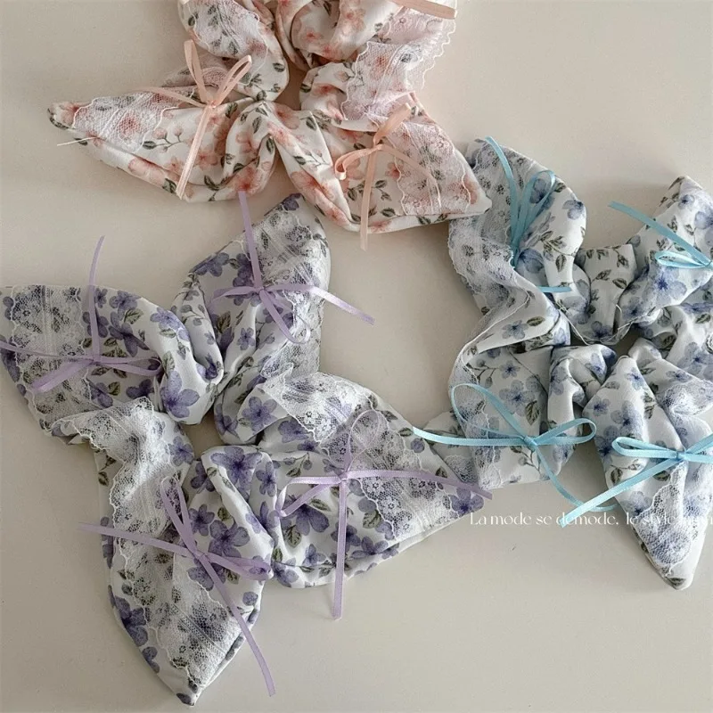 Four-Corner Bow Dream Lace Flower Square Sausage circle Romantic French Artistic Hair Ring Hair Accessories Hair Rope New