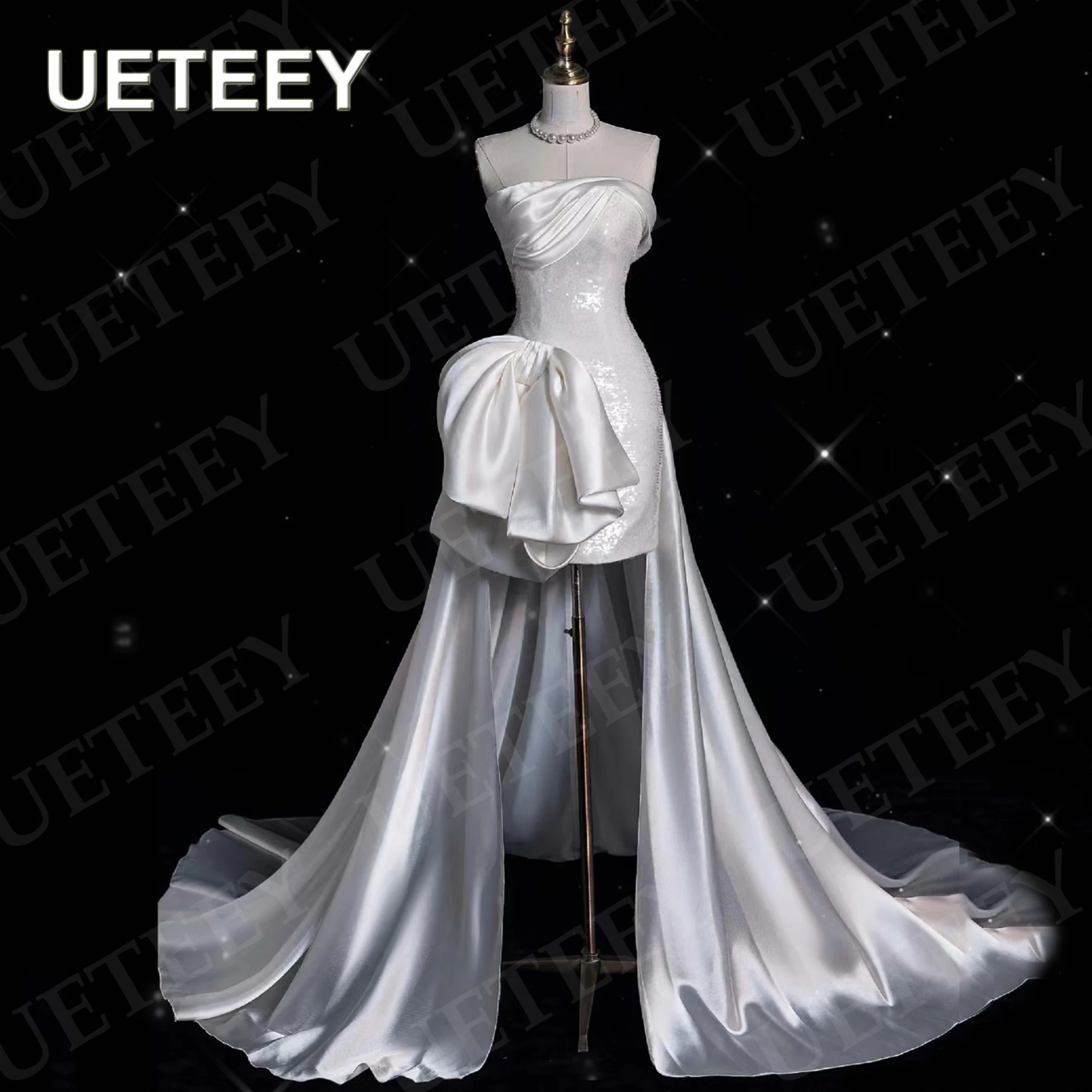 

UETEEY Short Wedding Dresses Luxury Mermaid Sequined Detachable Train Mini Strapless Bridal Dress Customized vestidos de novia