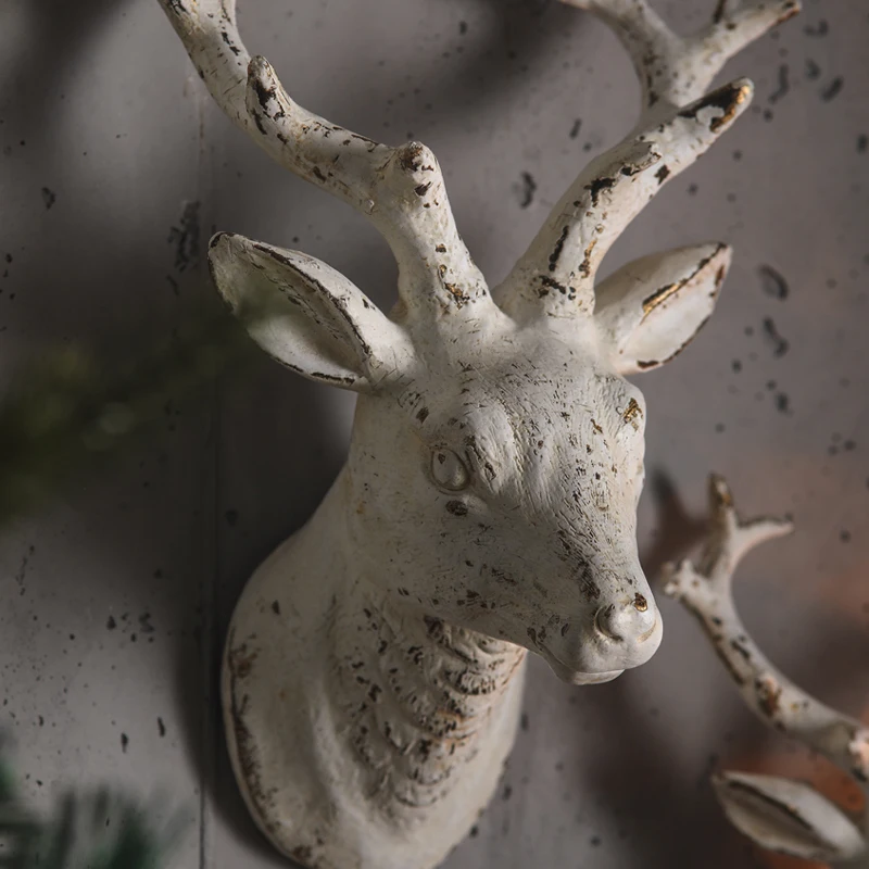 2Pcs Vintage Distressed Platinum Reindeer Head Wall Sculpture Set - Handmade Magnesium Oxide 3D Deer Wall Hanging Rustic Farmhouse Nordic Christmas Decoration Living Room Entrance Gallery Wall Holiday Home Decoration G