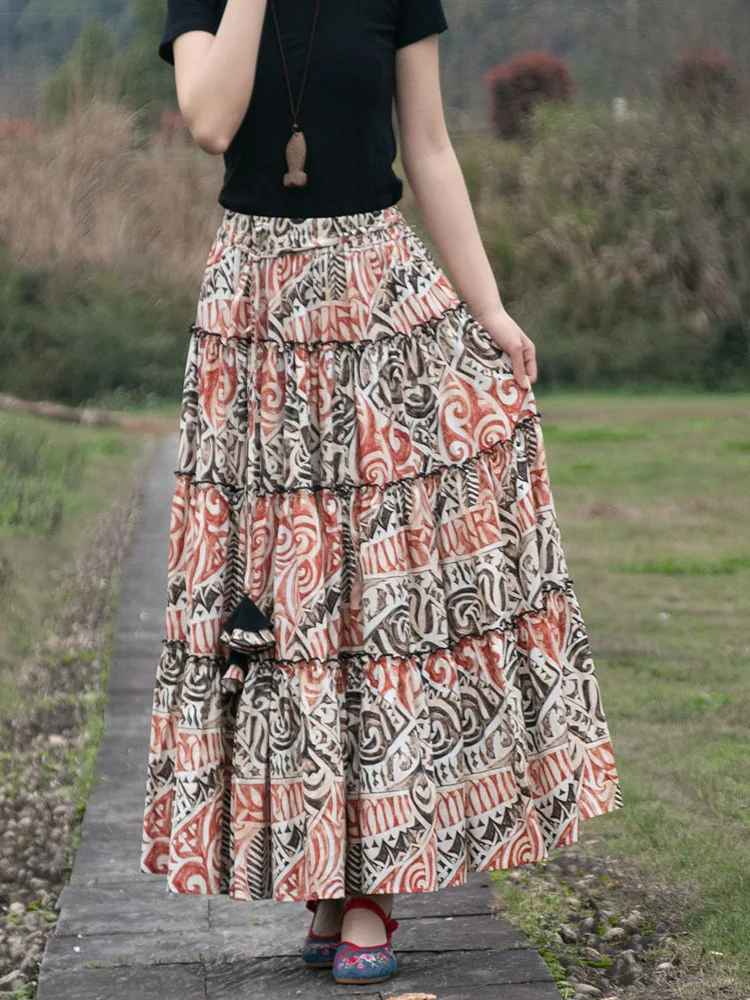 TIYIHAILEY-Women's Long Maxi Skirt, Elastic Waist, Cotton Linen, Printed, Irregular, Autumn Winter S-2XL Ladies Skirts 2026 New
