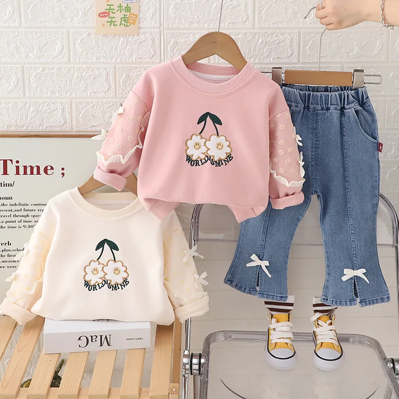 Autumn Kids Girls 2PCS Clothes Set Embroidery Flowet Knotbow Sweatshirts Stretch Jeans Suit Toddler Baby Girls Outfits