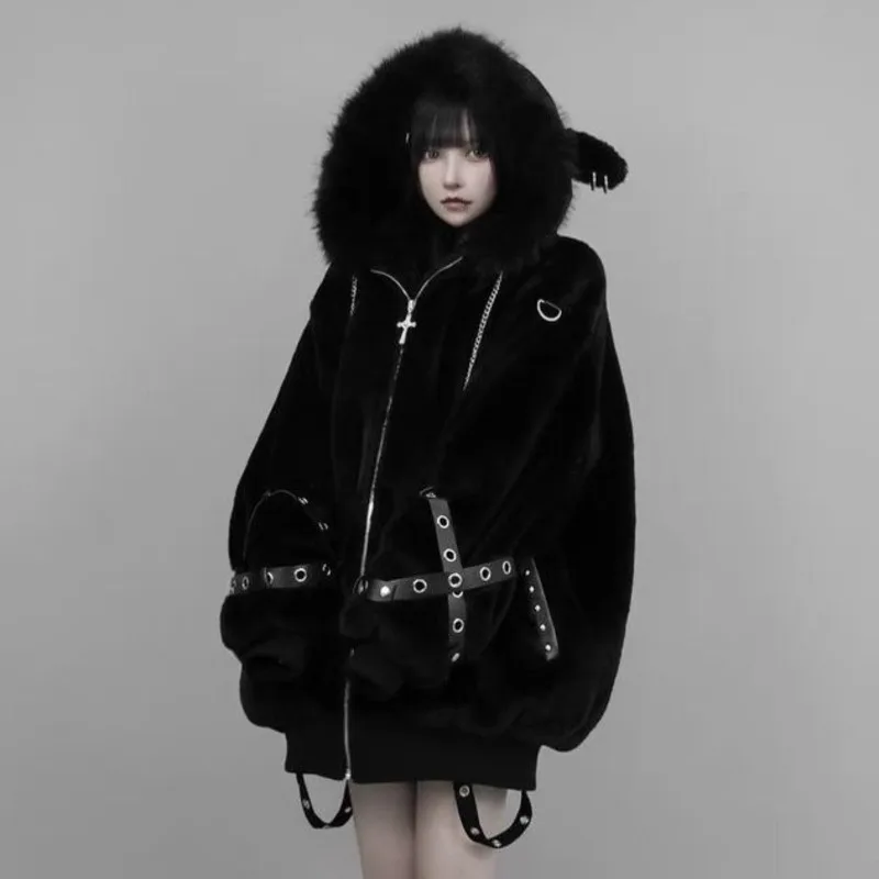 

Women's Oversized Faux Fur Hooded Zipper Coat, Gothic Punk Style with Cross Back & Rivet, Plush Winter Jacket for Streetwear​