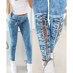 Jeans for Women Slim-Fit Lace Up Jeans for Women Spring Autumn Fashion Mid Waist Denim Pencil Pants Streetwear Jeans Trousers