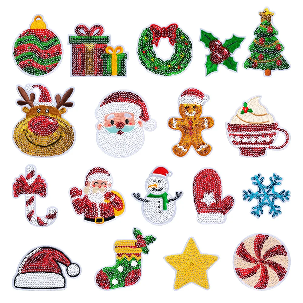 Christmas Themed Appliques for Clothes Fashion Sequin Embroidery Santa Claus Xmas Tree Reindeer Stocking Snowman Iron on Patches