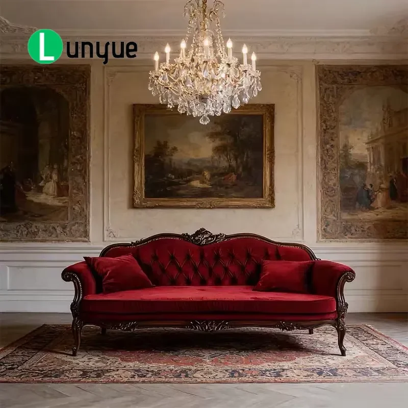 American Solid Wood Carved Floral 3 Seater Red Velvet Sofa Medieval Retro Style High End Living Room Villa Hotel Furniture