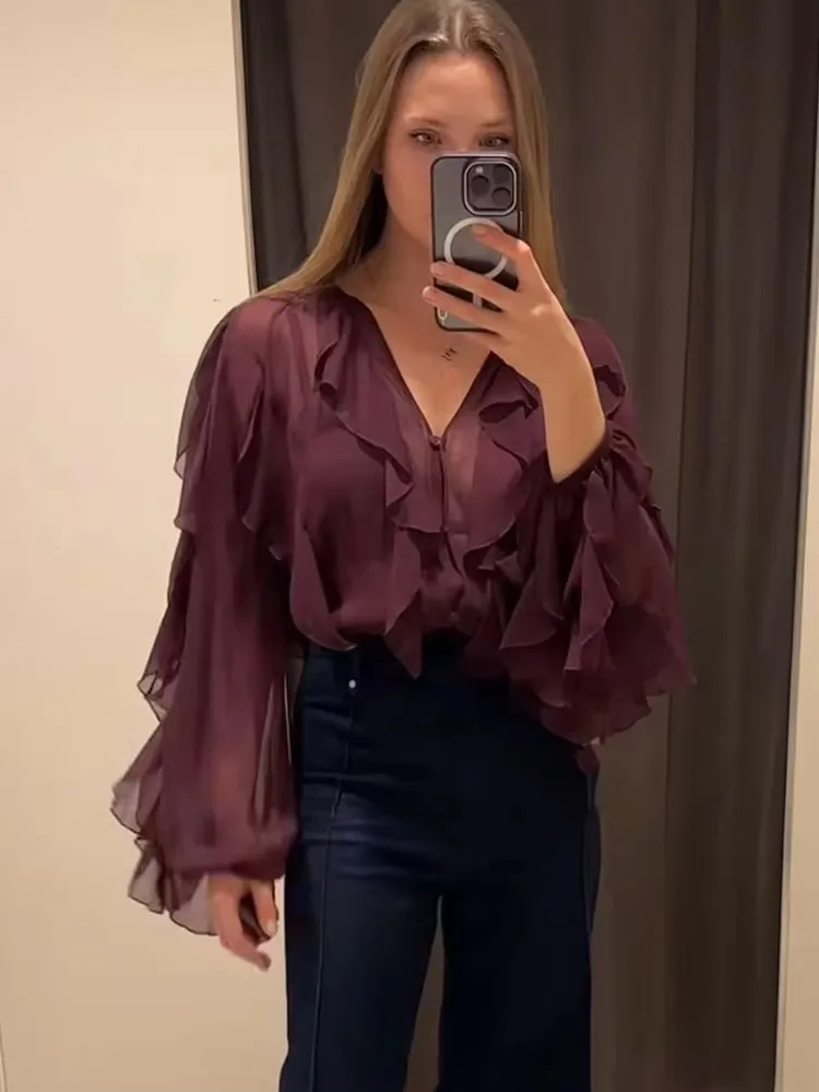 

Nimossa Translucent Ruffles Blouses Sexy Women Fashion V-neck Single Breasted Tierred Causal Tops Beach Style Solid Shirt
