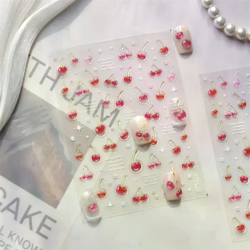 Doce geléia vermelho cereja arte do prego adesivo em relevo menina feminino auto adesivo adesivo de unhas ano novo natal manicure decalques presente