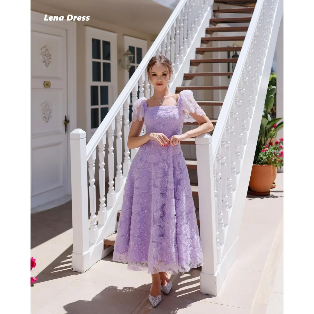 

Lena Flowers Wedding Party Dress Woman 2025 Square Collar Women's Evening Dress Custom Made Lilac Short Sleeves Ball Gowns Prom