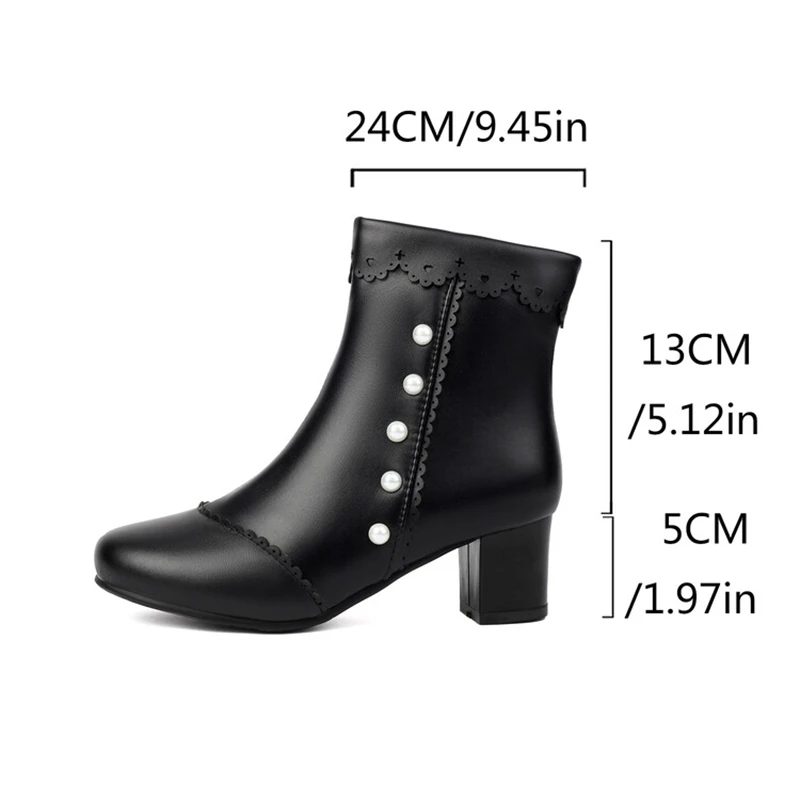 ORCHALISA الحلو لطيف حذاء من الجلد جولة تو 5 سنتيمتر كعب انقطاع اللؤلؤ حجم 46 47 48 US16 US17 طالب أسود أبيض #2