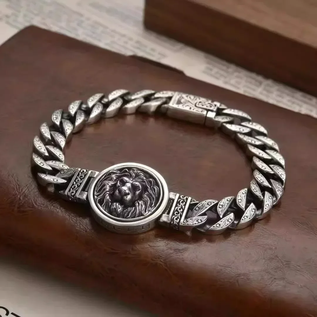 DF New Silver Color Vintage Personalized Lion Tang Grass Pattern Rotable Bracelet Trendy Men's Dominant Fashion Jewelry