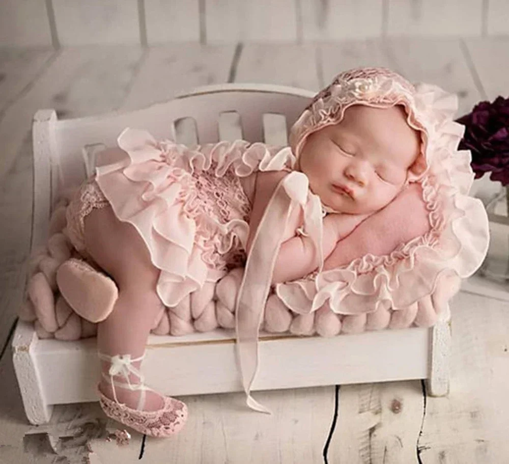 0-1M Baby Photo Clothing Sets Newborn Girl Lace Princess Dresses Hat Headband Pillow Outfits Infant Photography Costume Dress