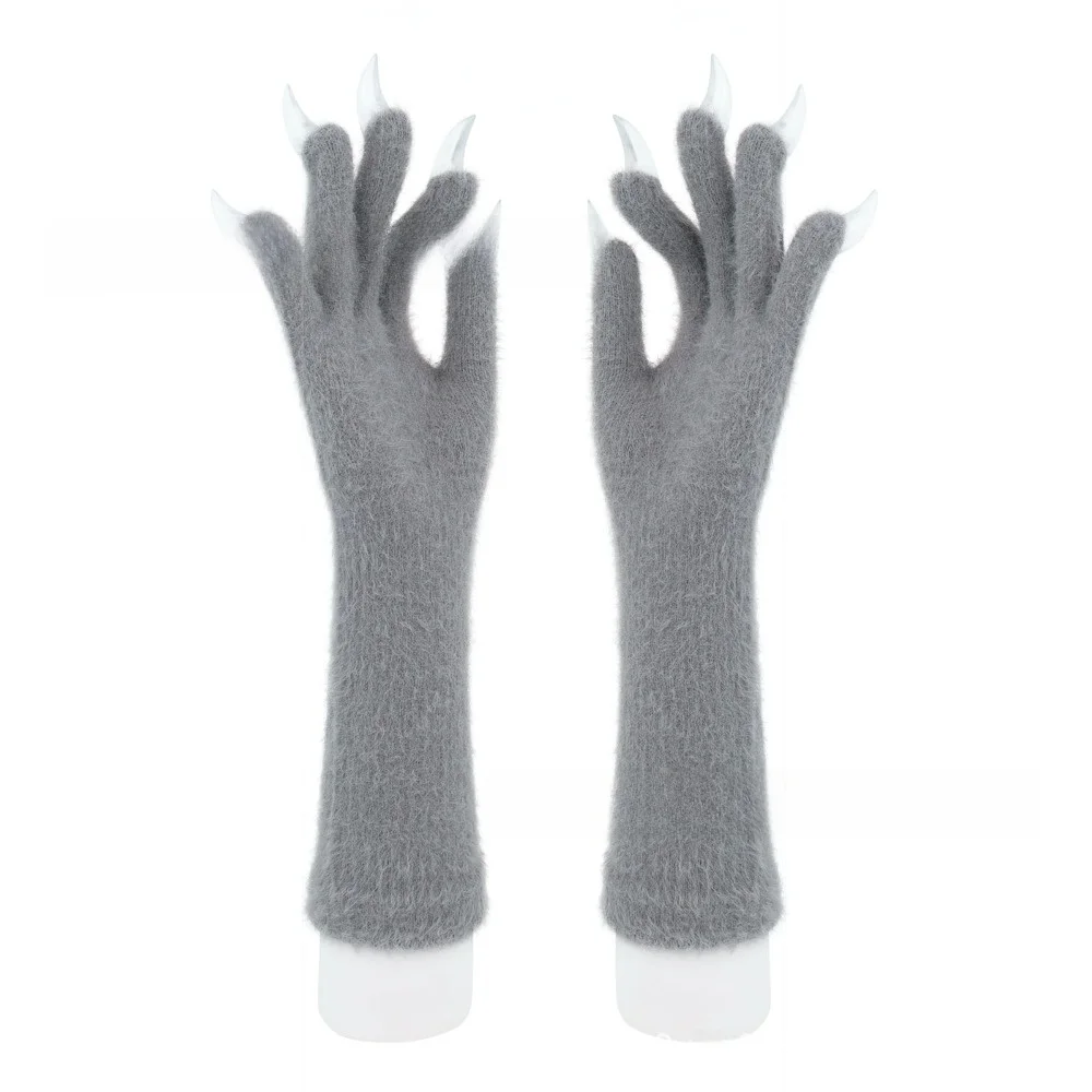 Funny Full Finger Paws Gloves Furry Solid Color Long Warm Mittens Long Nail Animal Claw Gloves Halloween Costume Accessories