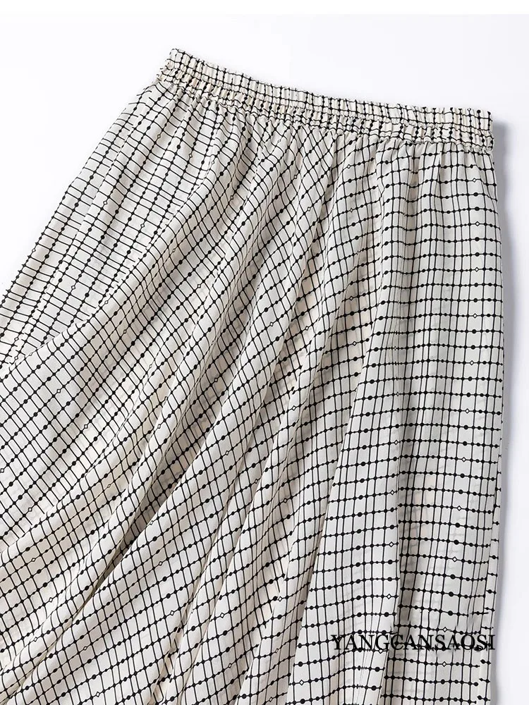 レディースファッション衣料品 3.7m 超大型ベージュグリッド柄 100% 天然桑絹クレープデシン斜めカットスカート